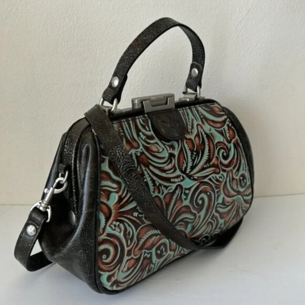 Patricia Nash Turquoise Framed Gracchi Tooled Brntl Leather Crossbody Handbag